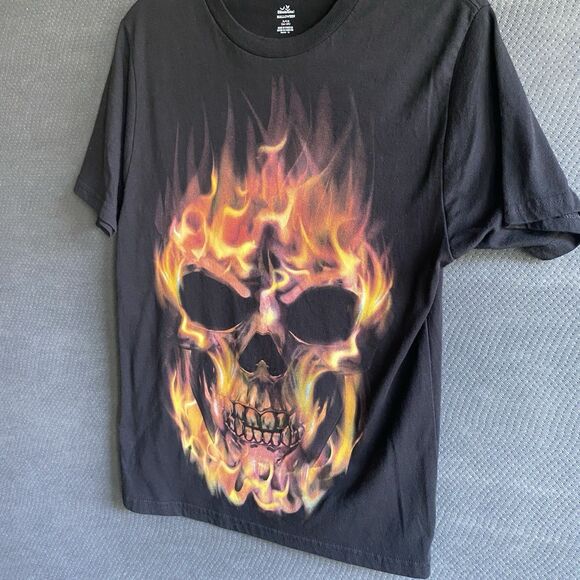 Flaming Skull Biker Tee Shirt Black Short Sleeve Small - Picture 3 of 4